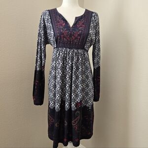 Sahalie Embroidered Floral Boho Dress Womens Small Long Sleeve Knit Tasseled
